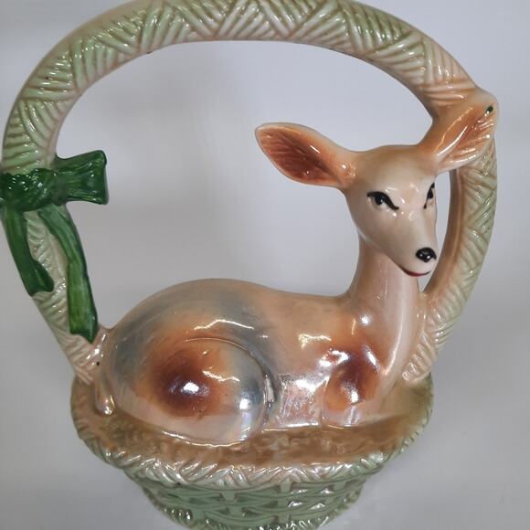 Vintage Porcelain Pearlized Deer in basket home decor - Picture 2 of 10